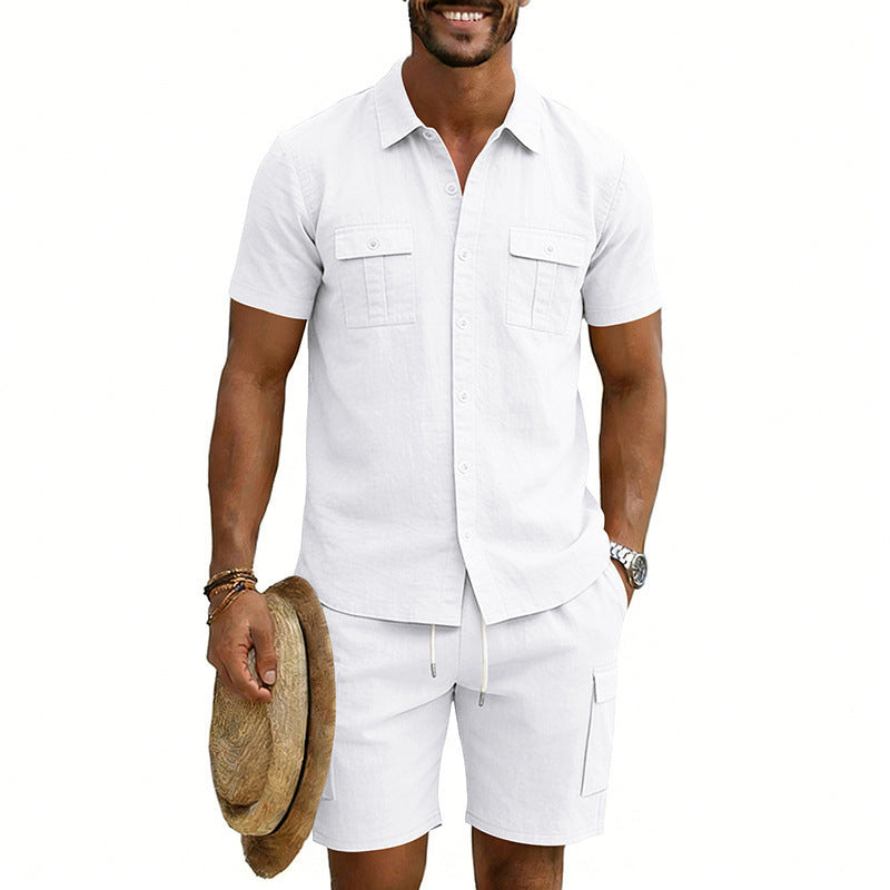 Herren nan sommerliches Freizeitset aus Baumwoll-Leinenmix mit Kurzarm-Hemd und Cargo-Shorts