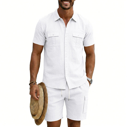Herren nan sommerliches Freizeitset aus Baumwoll-Leinenmix mit Kurzarm-Hemd und Cargo-Shorts