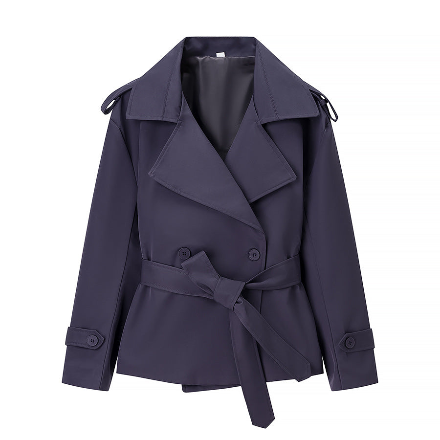 Damen Kurzgeschnittener taillierter Trenchcoat mit Bindegürtel und Schulterklappen Shop Nory