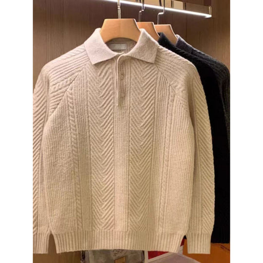 Herren Feinstrick-Polopullover mit halber Knopfleiste und Zopfmuster Shop Nory