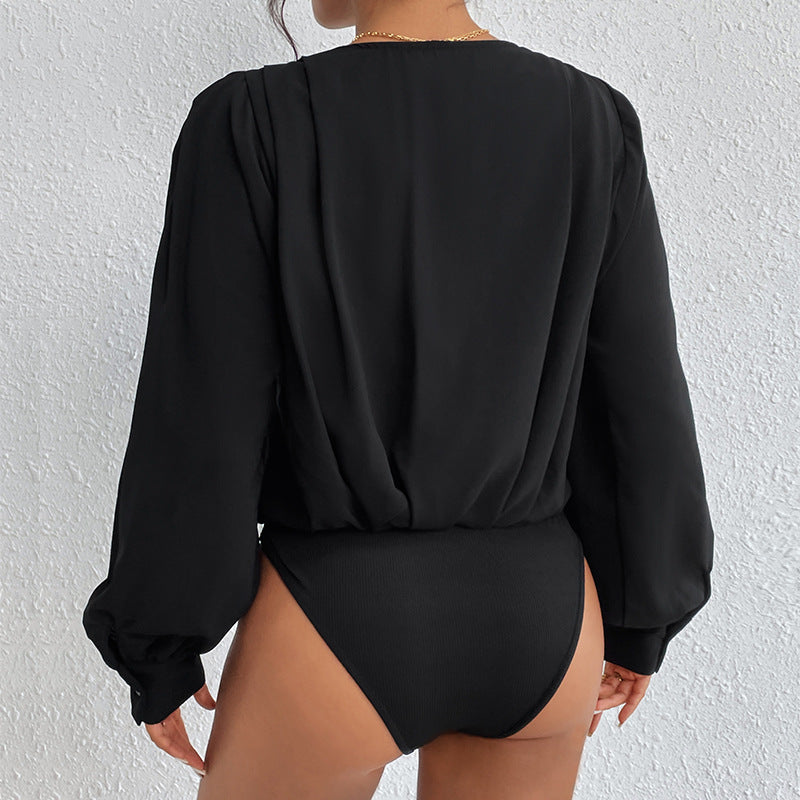 Damen Wickelbluse mit V-Ausschnitt, gepufften Schultern und elastischem Saum Shop Nory