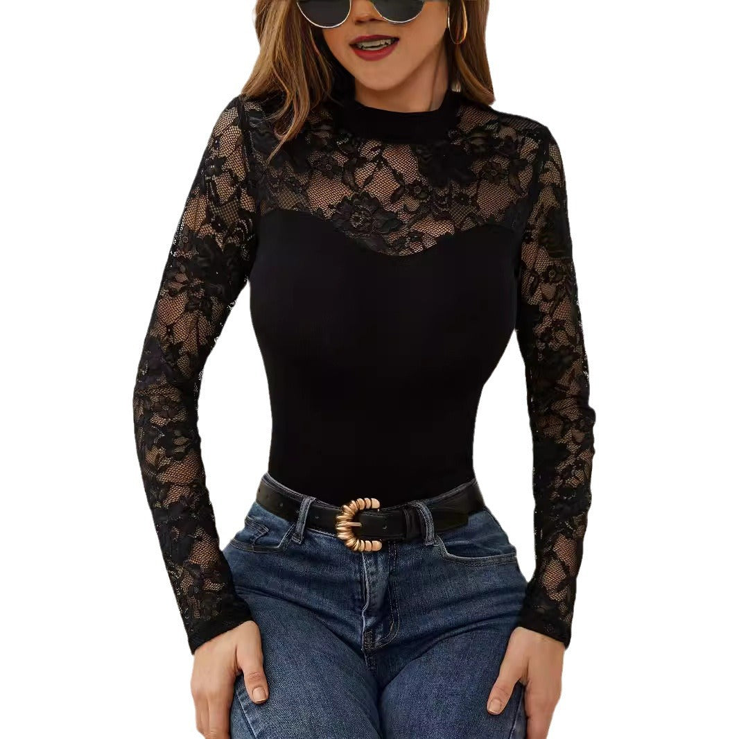 Damen Elegantes Longsleeve-Oberteil mit romantischer Spitze