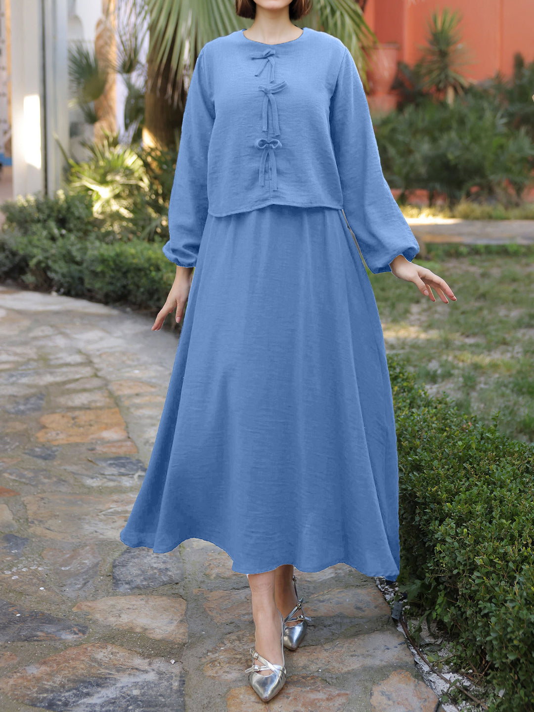 Damen Langes Zweiteiliges Maxikleid mit Überwurf, Rundhals und Zierknoten Shop Nory
