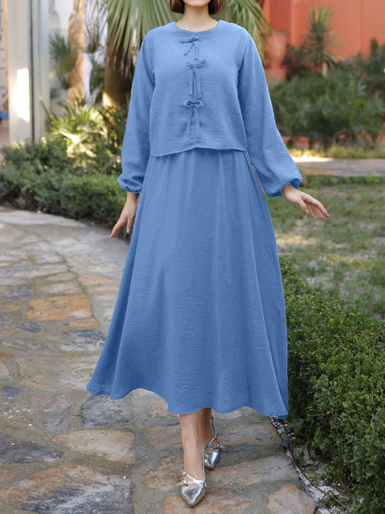 Damen Langes Zweiteiliges Maxikleid mit Überwurf, Rundhals und Zierknoten Shop Nory
