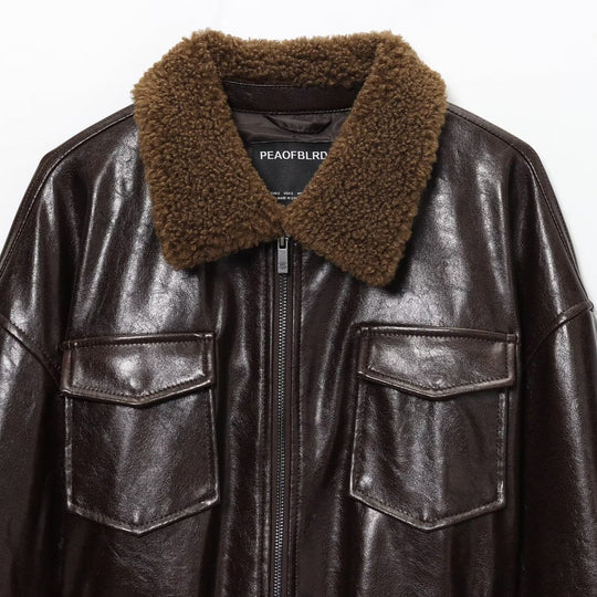 Damen Oversized Lederimitat-Jacke mit Teddykragen und Taillengürtel Shop Nory