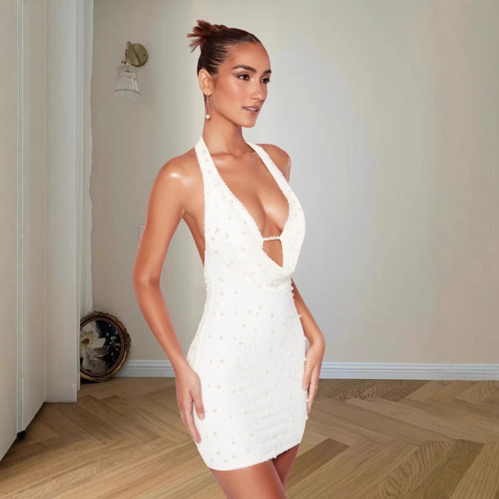 Damen Glamouröses Pailletten-Minikleid mit tiefem V-Ausschnitt und Halter-Design