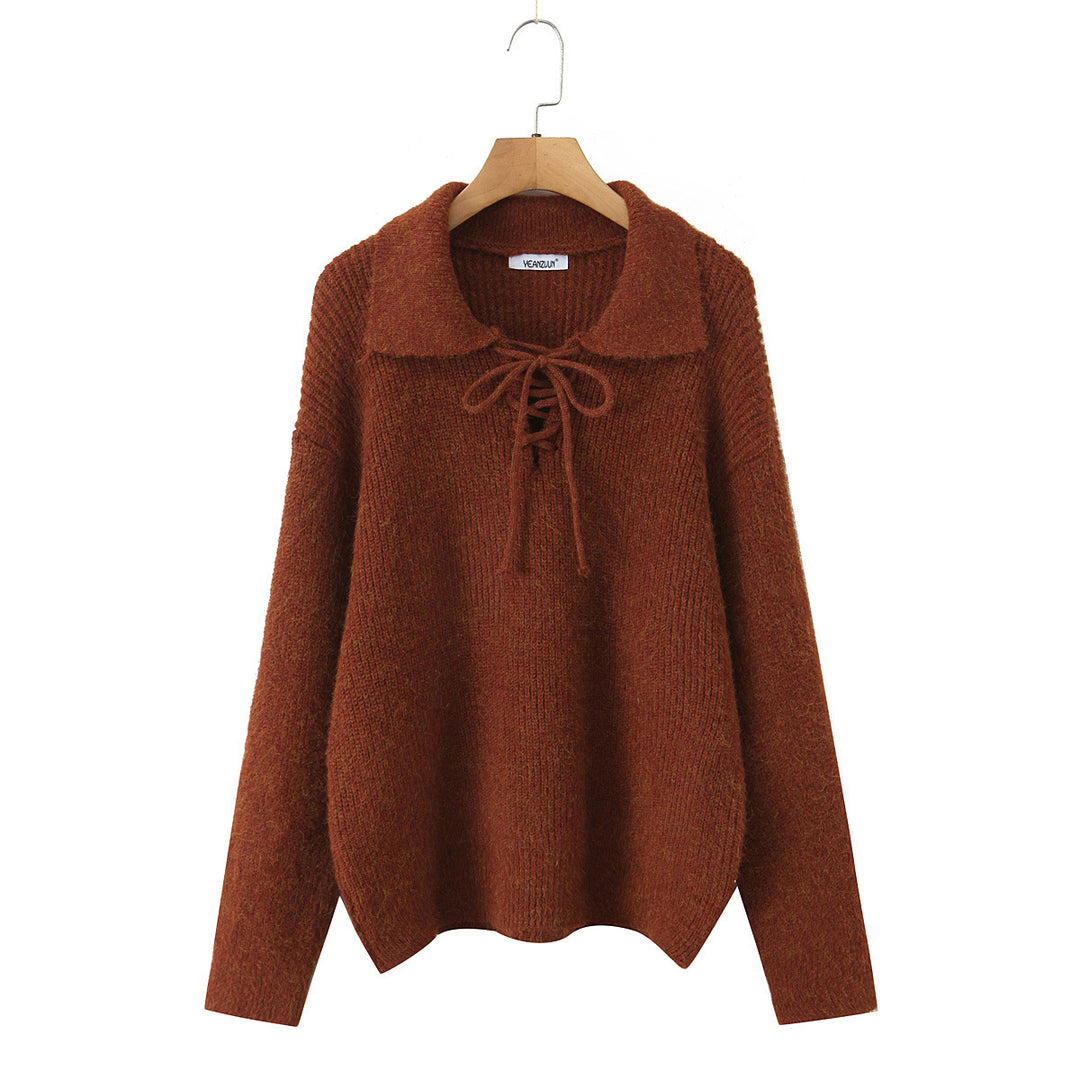 Damen Kuscheliger Strickpullover mit breitem Polokragen und Kordelbindung Shop Nory
