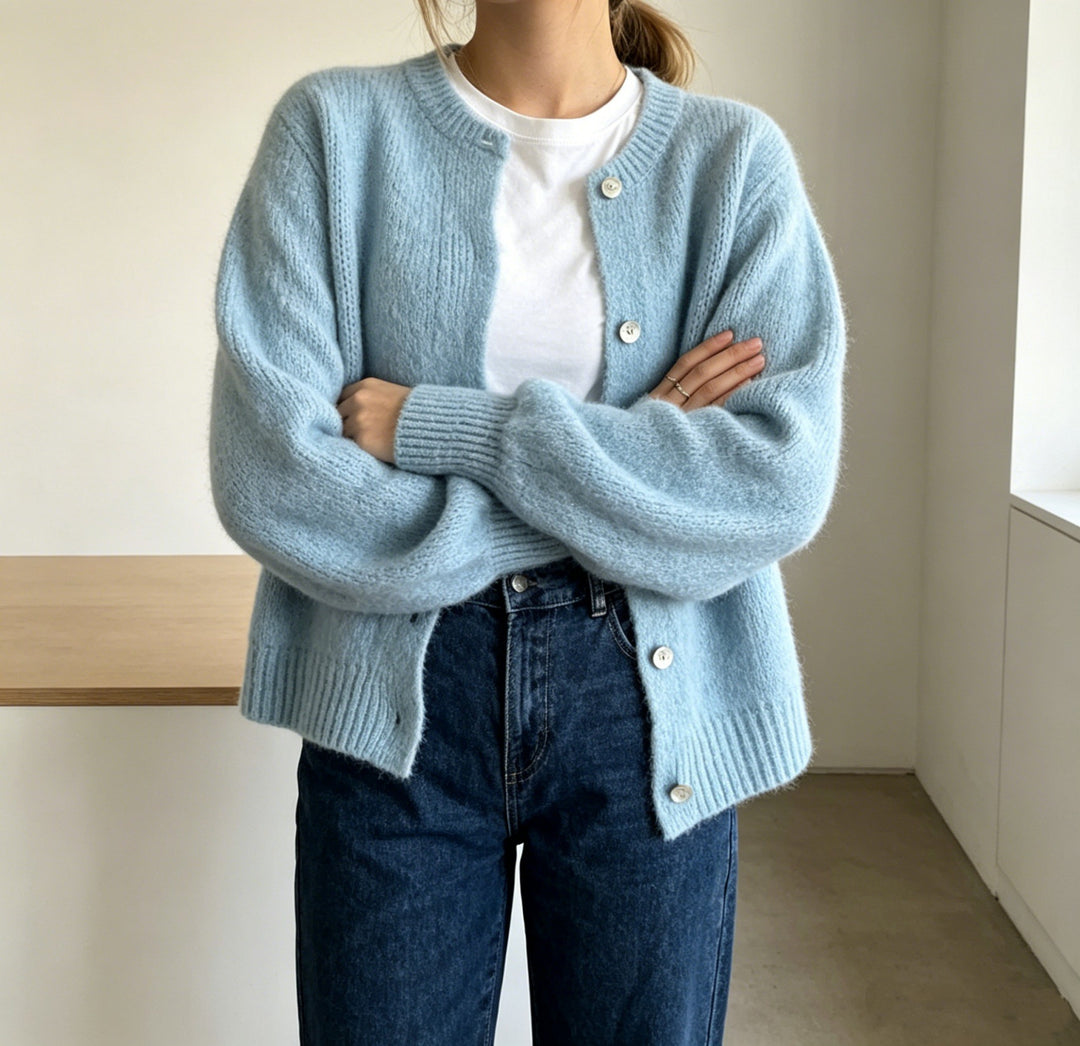 Damen Kuschelige Mohair-Optik Strickjacke mit Rundhals und Ballonärmeln Shop Nory
