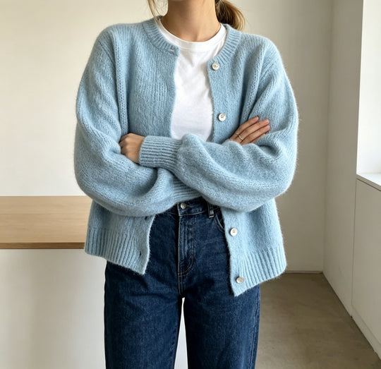 Damen Kuschelige Mohair-Optik Strickjacke mit Rundhals und Ballonärmeln Shop Nory