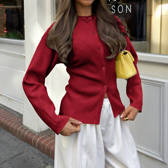 Damen nan taillierte Strickjacke mit asymmetrischer Knopfleiste und Rundhalsausschnitt Shop Nory