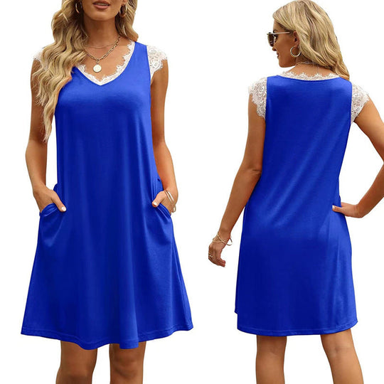Damen ärmelloses Kleid mit Spitzendetail und seitlichen Taschen Shopnory