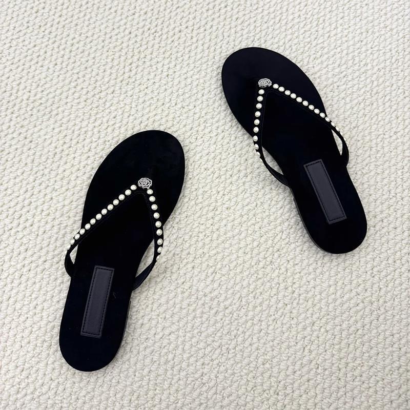 Damen Zehentrenner-Sandalen mit dekorativem Perlenschmuck und komfortablem Fußbett Shopnory