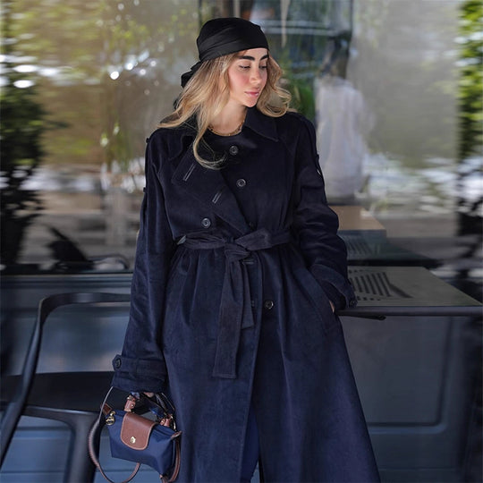 Damen langer Cord-Trenchcoat mit Bindegürtel und Oversize-Schultern Shop Nory