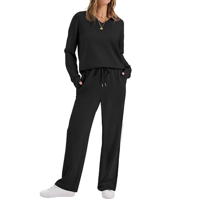 Damen Lässiges Lounge-Set mit V-Ausschnitt-Sweatshirt und weiten Tunnelzug-Hosen Shop Nory