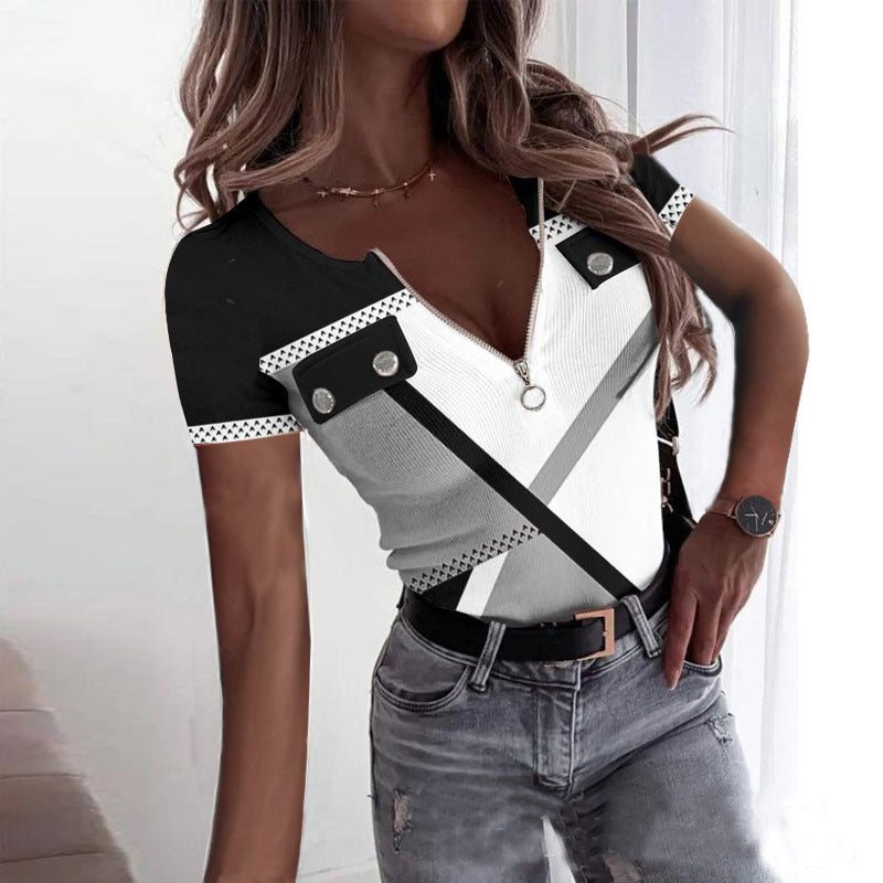 Damen Kurzarm Oberteil mit Reißverschluss und geometrischem Design Shopnory