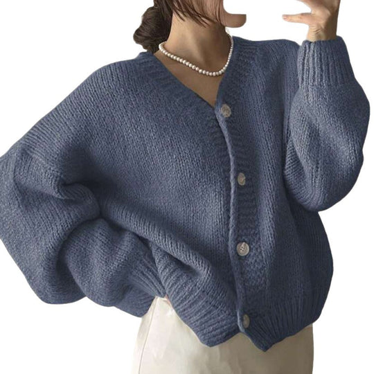 Damen Oversize-Strickjacke mit tiefem V-Ausschnitt, Ballonärmeln und Zierknopfleiste Shop Nory