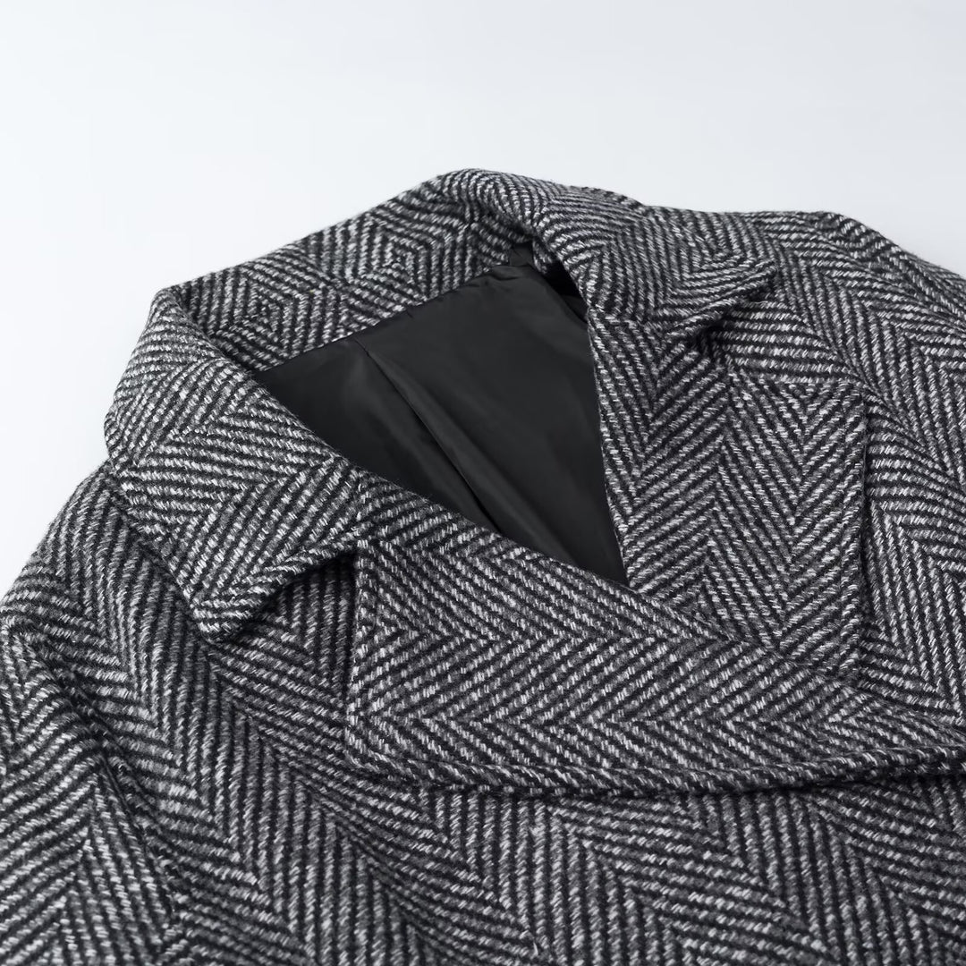 Damen Kurze Doppelreihige Fischgrät-Tweedjacke mit Reverskragen Shop Nory