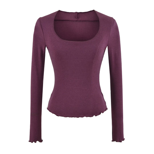 Damen Figurbetontes Langarm-Feinstrickshirt mit quadratischem Ausschnitt und Wellensaum Shop Nory