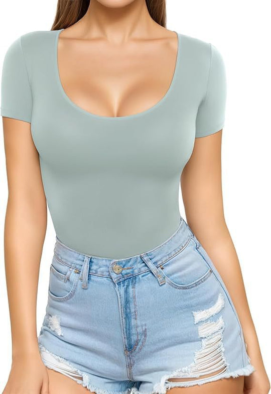 Damen figurbetontes Kurzarm-Body mit rundem Ausschnitt und nahtlosem Design
