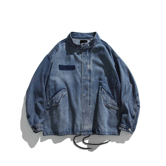 Unisex Kurz geschnittener Denim-Utility Blouson mit Stehkragen und Kordelzug Shop Nory