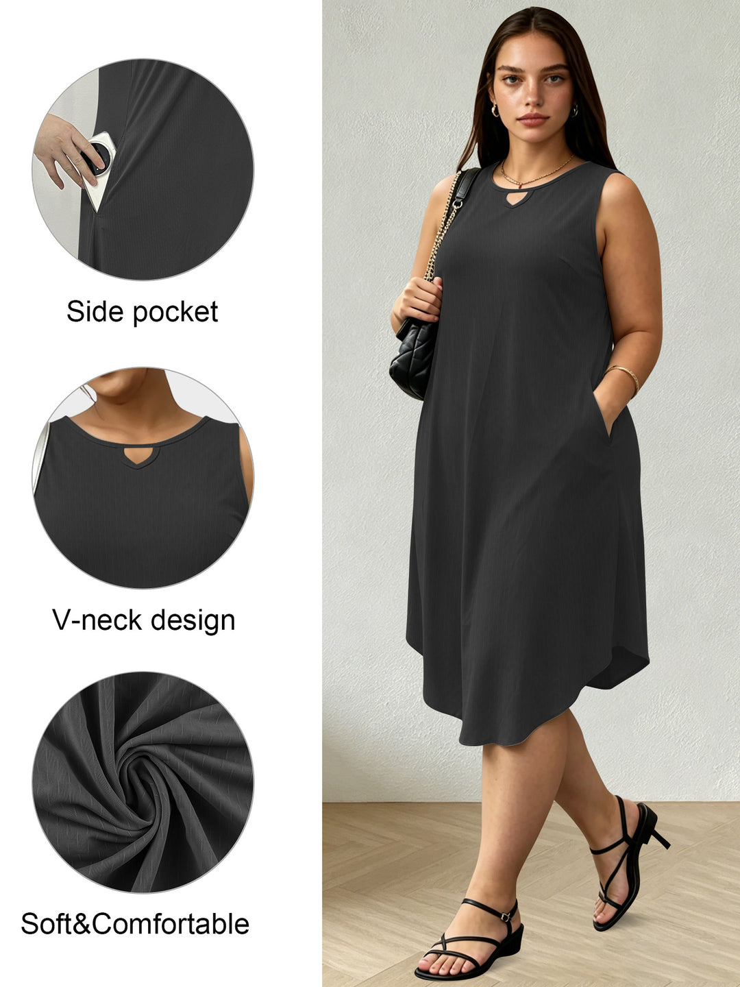 Damen Ärmelloses A-Linien-Midikleid mit seitlichen Eingrifftaschen und V-Ausschnitt Shopy Nory