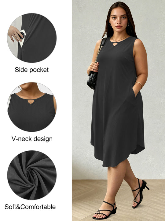 Damen Ärmelloses A-Linien-Midikleid mit seitlichen Eingrifftaschen und V-Ausschnitt Shopy Nory