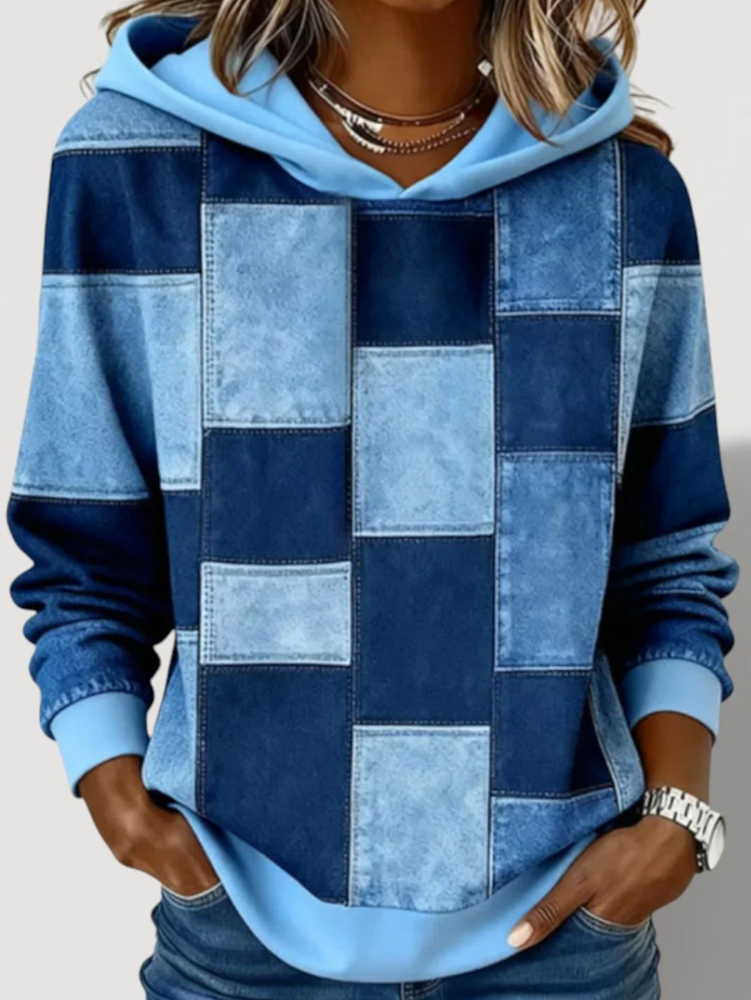 Damen Modischer Kapuzenpullover mit Patchwork-Design