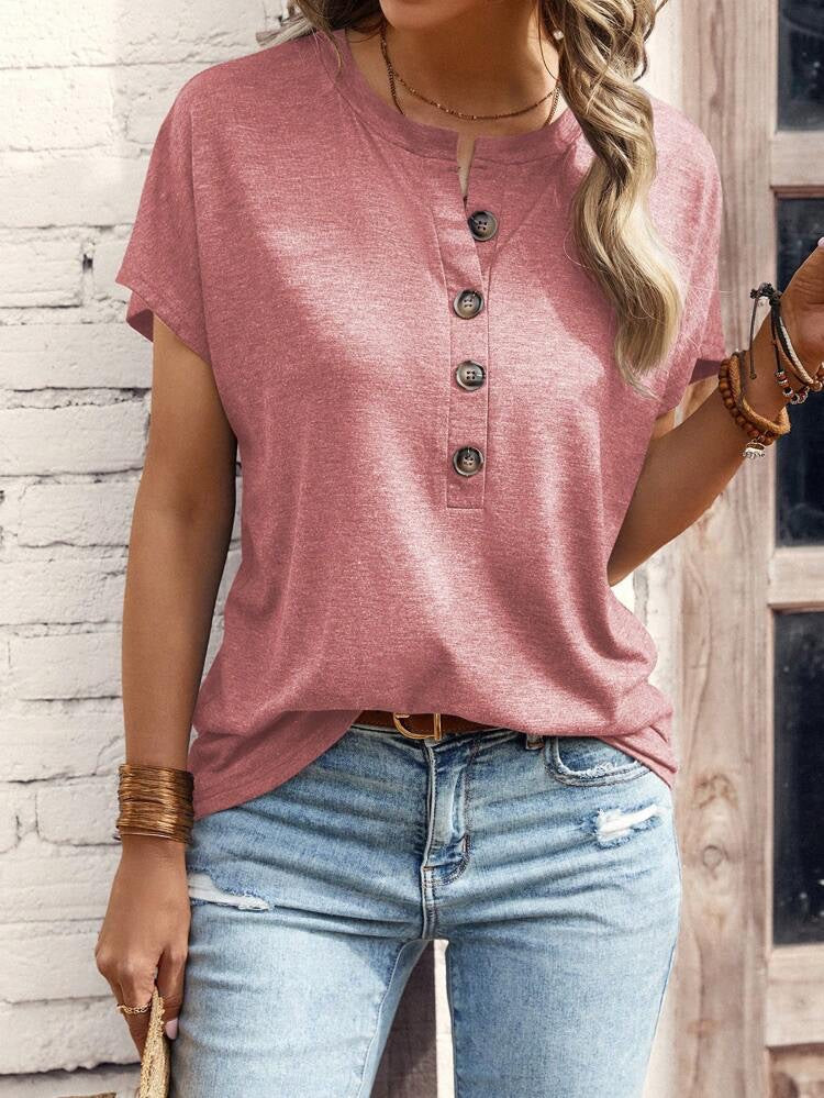 Damen lässiges T-Shirt mit Knopfleiste und kurzem Ärmel