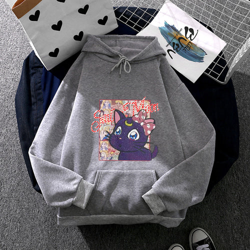 Damen nan Oversize-Kapuzenpullover mit glitzerndem Anime-Katzen-Motiv, Kängurutasche und weichem Fleece-Innenfutter Shop Nory