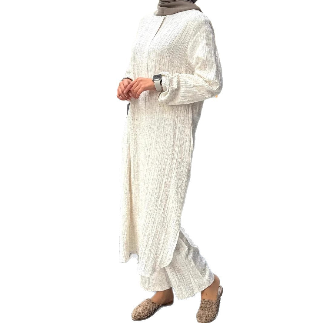 Damen Langes Crinkle-Kaftankleid mit Ballonärmeln und Stehkragenoptik Shop Nory