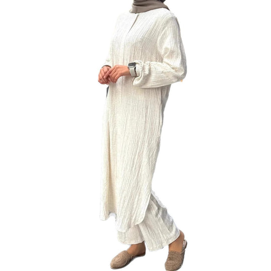 Damen Langes Crinkle-Kaftankleid mit Ballonärmeln und Stehkragenoptik Shop Nory