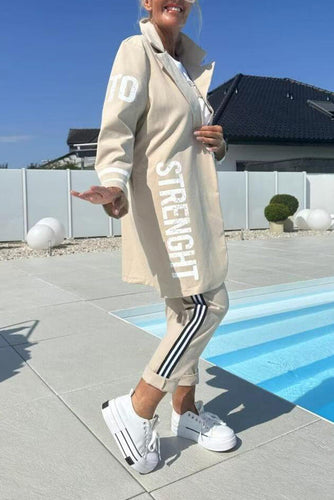 Length Letter Printed Trenchcoat und Hose Zweiteiler Satz
