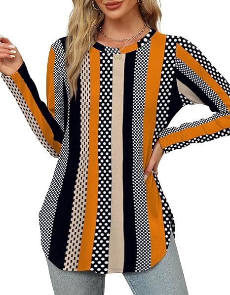 Damen Lässiges Longsleeve-Tunikaoberteil mit Rundhalsausschnitt, Seitenschlitzen und Aquarell-Blattprint Shop Nory