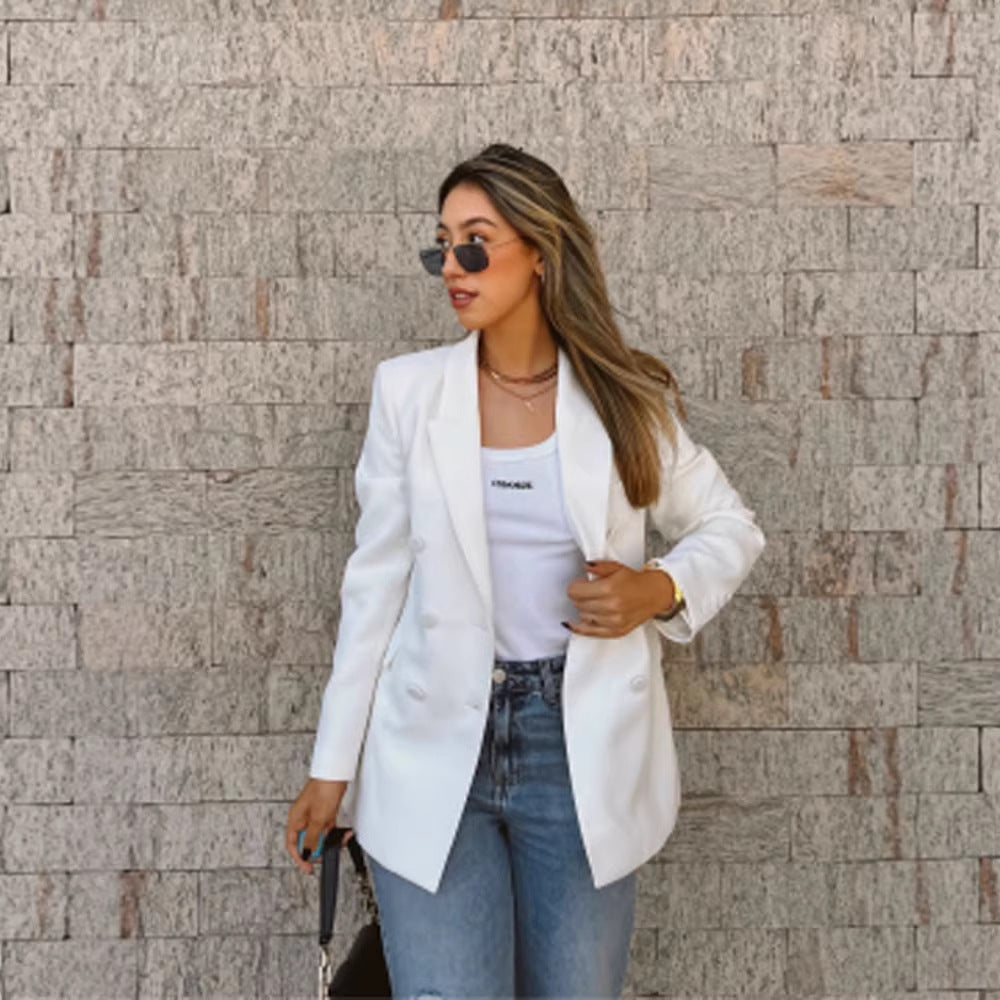 Damen Figurnaher Doppelreihiger Longblazer mit leichtem Schulterpolster und cleanem Revers Shop Nory