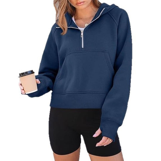 Damen Kurz geschnittener Kapuzenpullover mit Halb-Reißverschluss und Kängurutasche Shop Nory