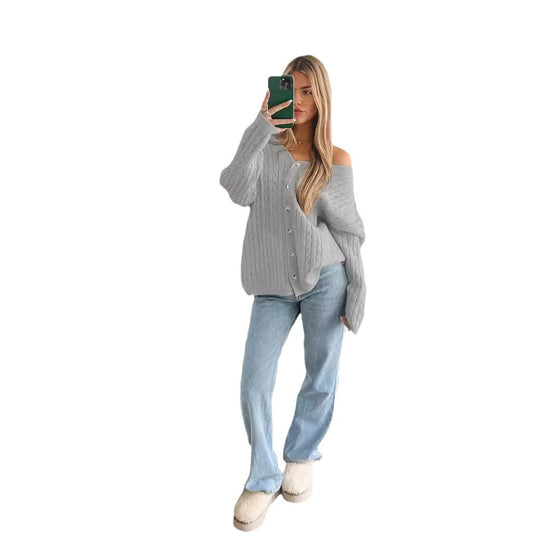 Damen nan Zopfmuster-Cardigan mit V-Ausschnitt, überschnittener Schulter und durchgehender Knopfleiste Shop Nory