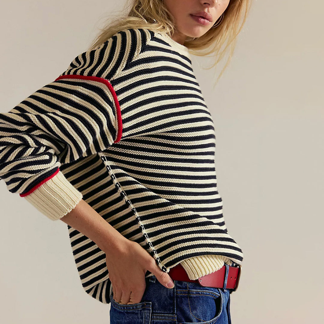 Damen Oversize Ringelstrickpullover mit weitem Schnitt, Bündchen & kontrastierenden Paspeln Shop Nory