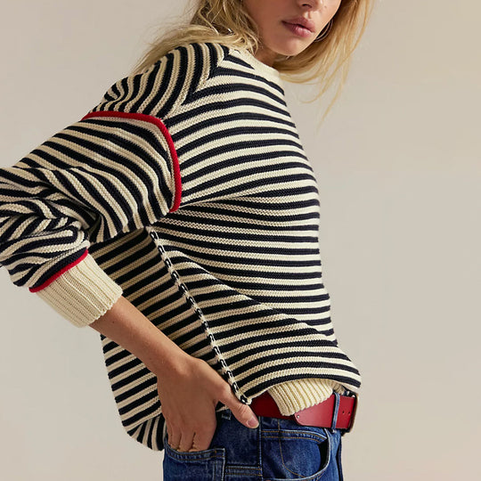 Damen Oversize Ringelstrickpullover mit weitem Schnitt, Bündchen & kontrastierenden Paspeln Shop Nory