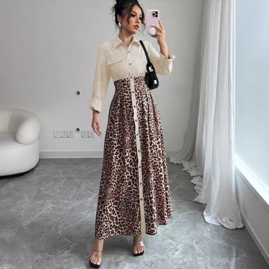 Damen Hemdblusenkleid mit Jeansoberteil und Leoparden-Maxirock Shop Nory