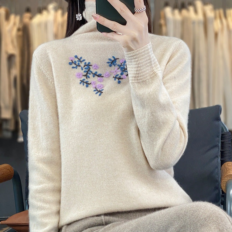 Damen Kaschmir‑Optik Rollkragenpullover mit zarter Blumenstickerei am Brustbereich Shop Nory