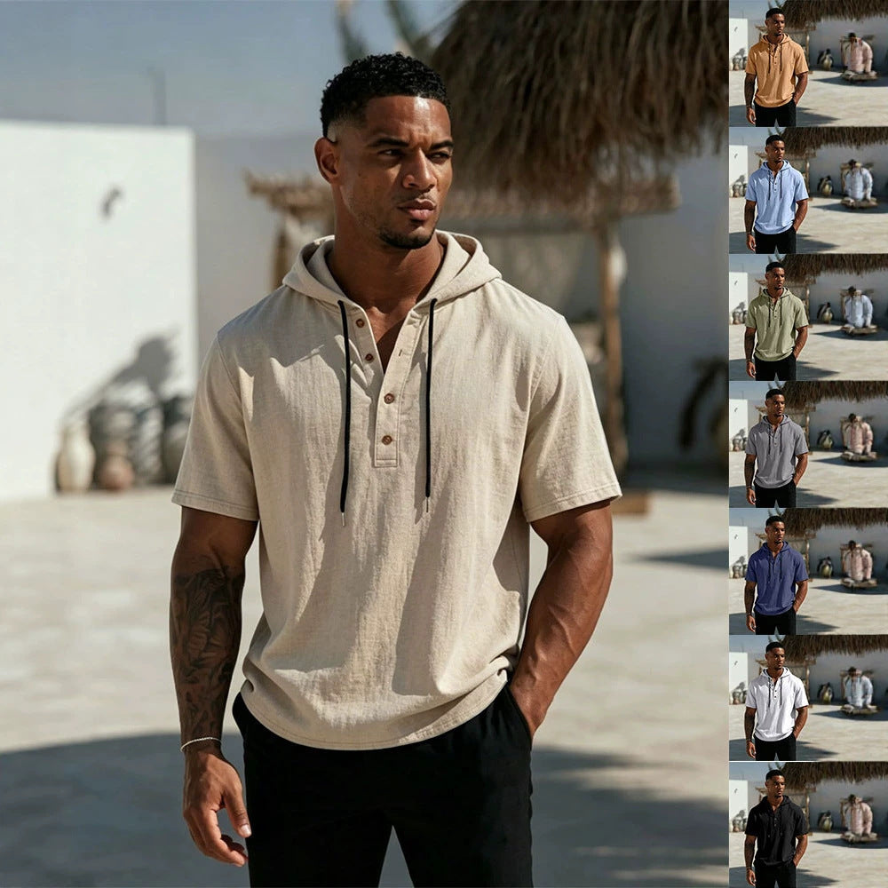 Herren Kurzarm-Hoodie-Henley aus Leinenoptik mit Knopfleiste Shop Nory