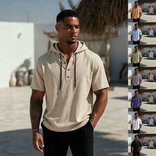 Herren Kurzarm-Hoodie-Henley aus Leinenoptik mit Knopfleiste Shop Nory