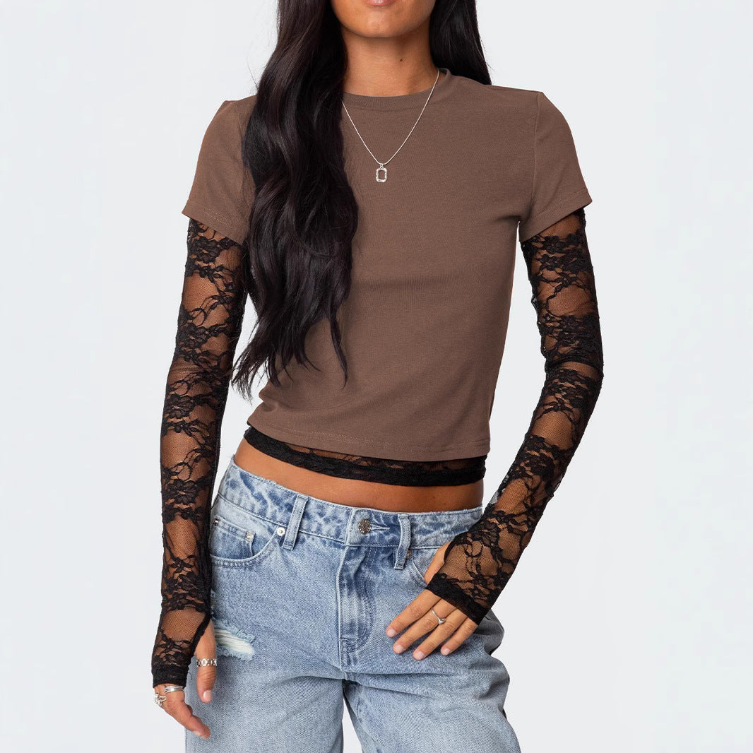 Damen Kurzgeschnittenes T‑Shirt mit transparenten Spitzenärmeln Shop Nory