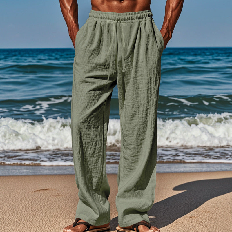Herren nan luftige Strandhose aus Baumwoll-Leinen mit Tunnelzug und Seitentaschen