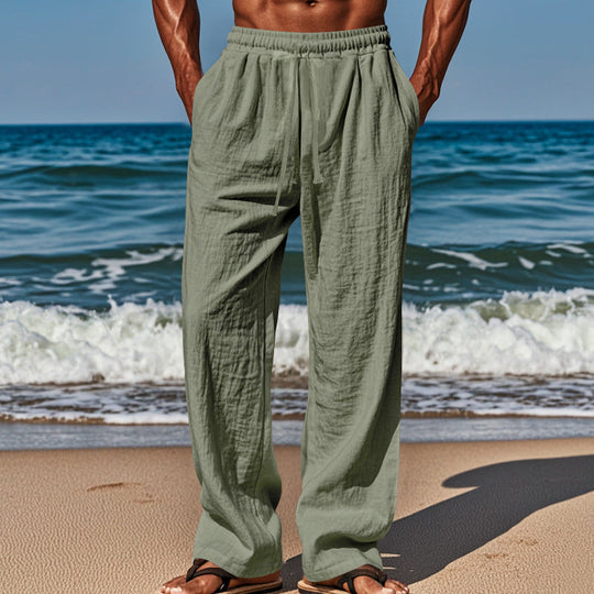 Herren nan luftige Strandhose aus Baumwoll-Leinen mit Tunnelzug und Seitentaschen