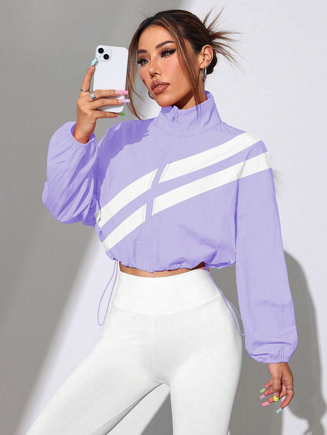 Damen Cropped Windbreaker‑Jacke mit hohem Kragen und Kordelzug Shop Nory