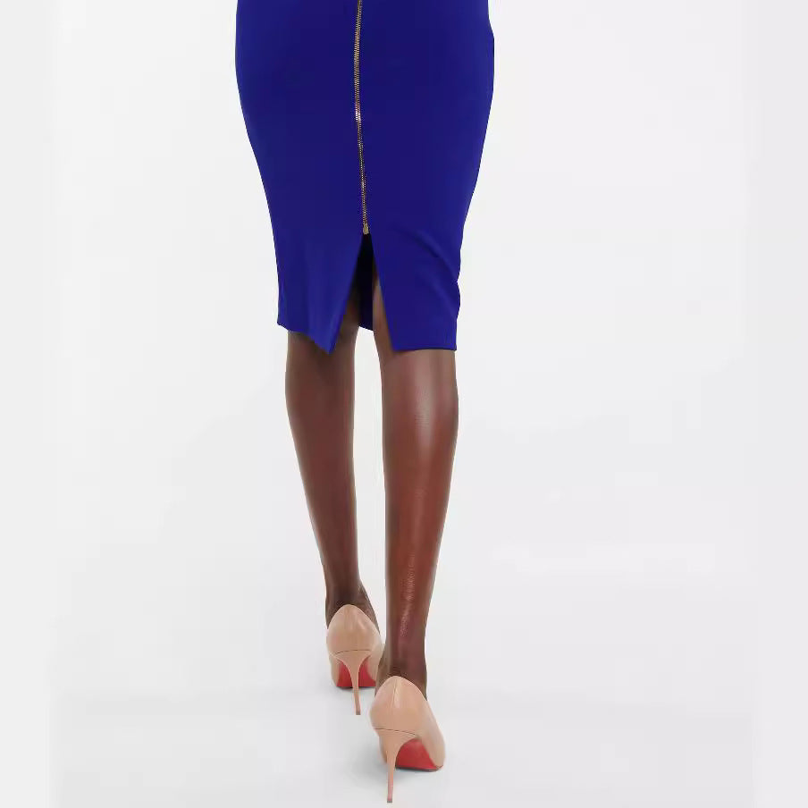 Damen Figurbetontes Midikleid mit Trompetenärmeln und Rundhalsausschnitt Shop Nory
