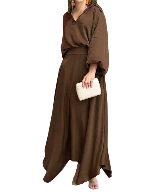 Damen Elegantes Maxikleid mit Kapuzen‑V‑Ausschnitt, Ballonärmeln und fließendem Saum Shop Nory
