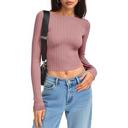 Damen Tailliertes Ripp-Cropped-Longsleeve mit U-Boot-Ausschnitt und Stretch-Baumwollmix Shop Nory