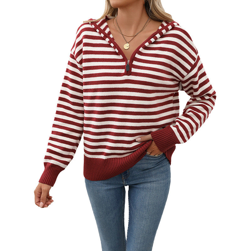 Damen Modischer Strickpullover mit Kapuze und halbem Reißverschluss Shop Nory